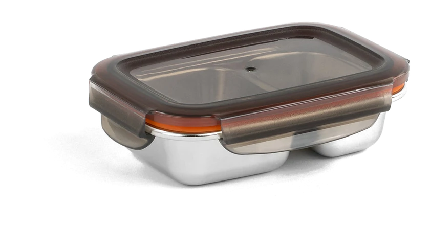 Boîte compartimentée inox Cuitisan 700 ml à deux compartiments, couvercle Tritan transparent à clips