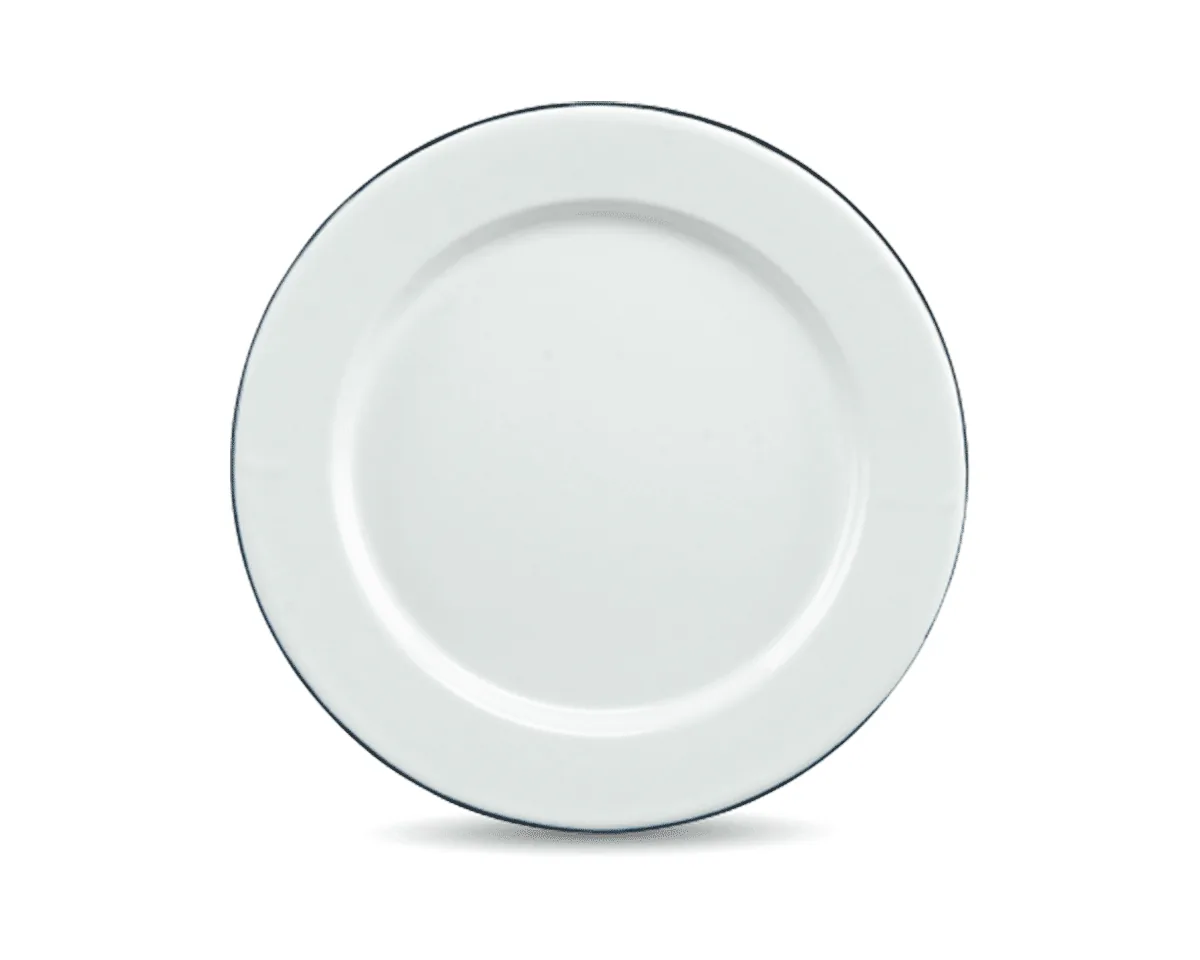 Assiette plate émaillée, finition blanc bordé de noir