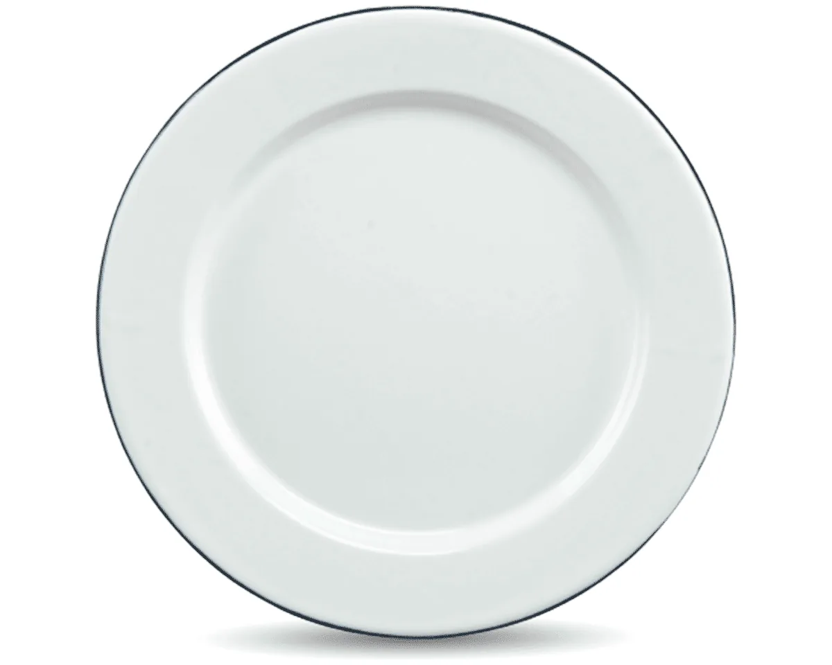 Assiette plate émaillée, finition blanc bordé de noir