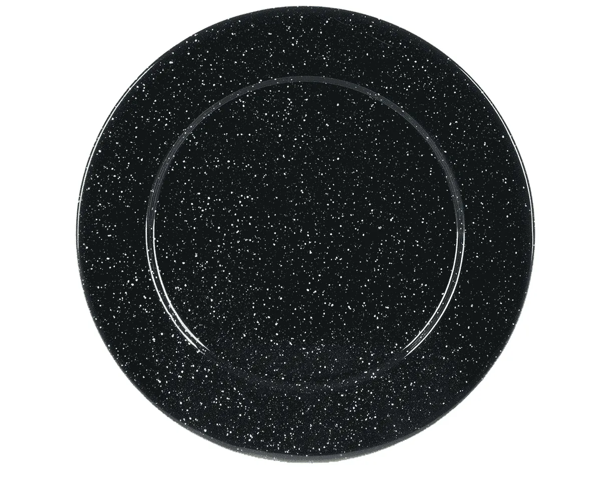 Assiette plate émaillée, finition noir moucheté