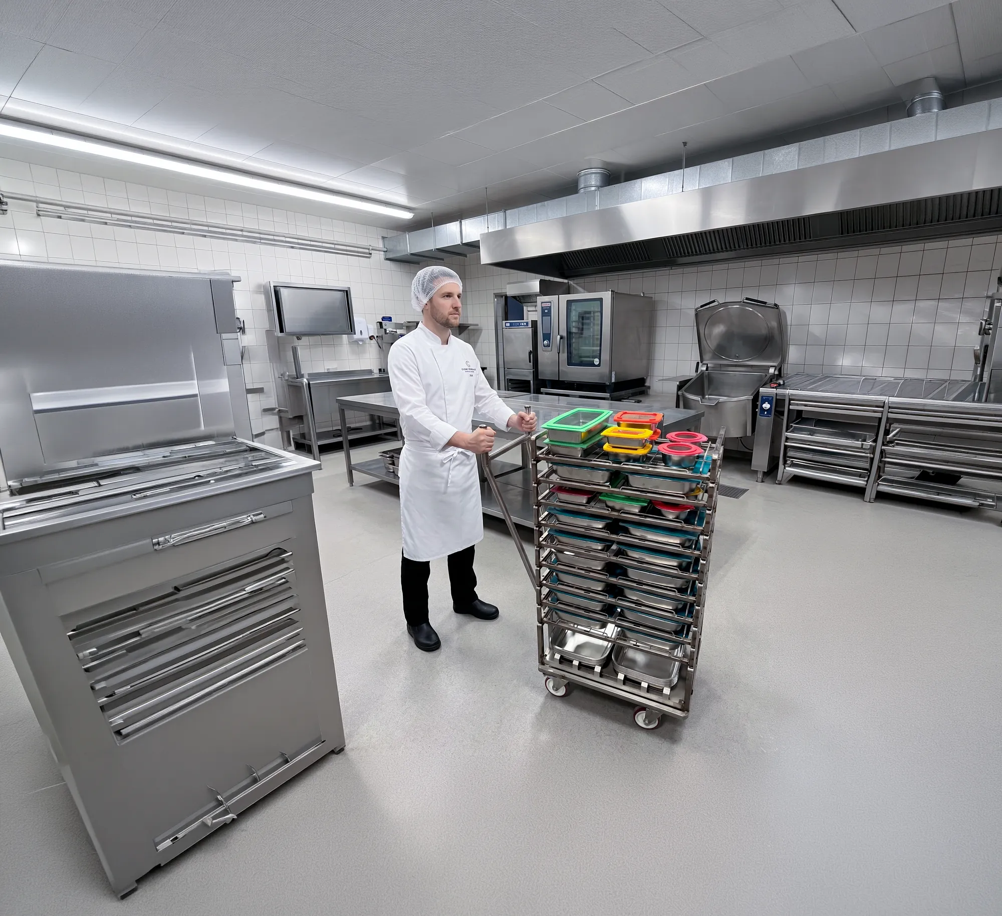 Bacs gastronormes inox alignés sur une desserte de cuisine centrale