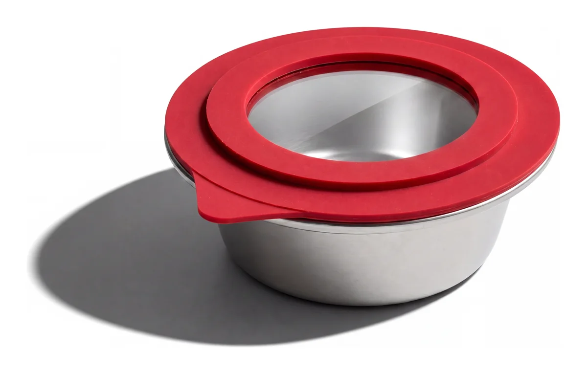 Bol rond inox RestoPep's 400 ml, couvercle silicone rouge