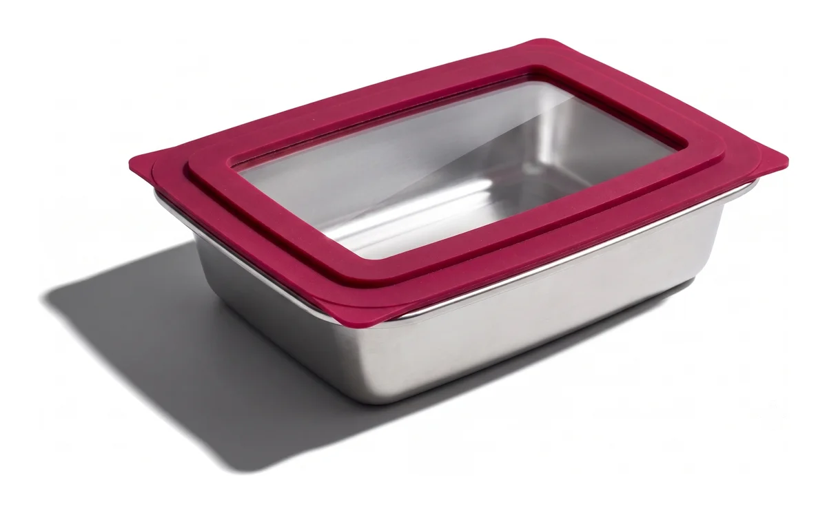 Barquette inox RestoPep's rectangle 1 100 ml, couvercle silicone bordeaux